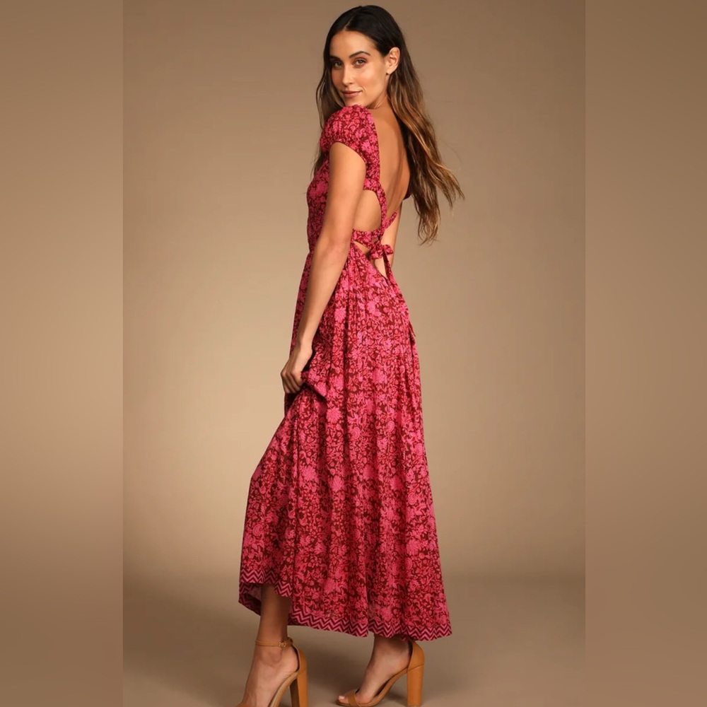 Ultraviolet Burgundy Floral Lace-Up Maxi Dress with Pockets
